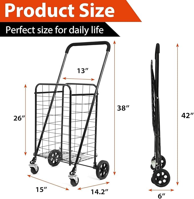 Siffler Grocery Shopping Cart with 360° Swivel Wheels Folding Utility Cart with Easily Collapsible Cart with Extended Foam Cover, Trolley for Laundry, Groceries, Travel (Black, Small)