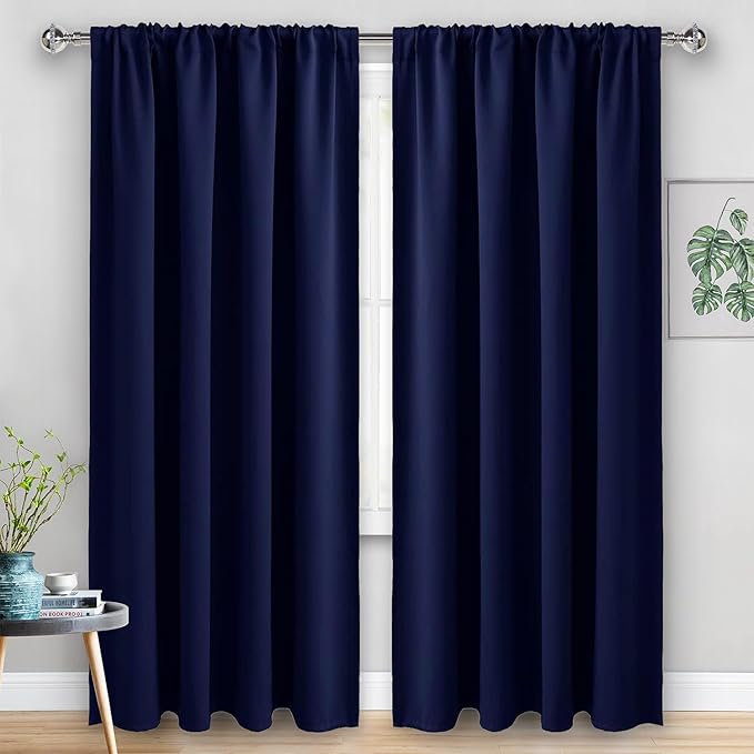 JIUZHEN Blackout Curtains for Bedroom - Thermal Insulated Room Darkening Rod Pocket Curtains for Living Room, Set of 2 Panels with Tiebacks, 60 x 96 Inch Length, Navy Blue