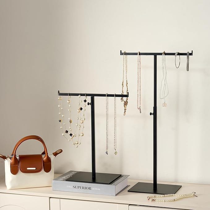 Display Stand Stainless Steel Jewelry Towers Bag Stand Tabletop Double Hook Hanging Jewelry Stands for Necklaces Organizer Stand Adjustable Height Home Store Boutique, Black