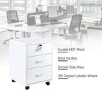 File Cabinet with Lock 3 Drawer Mobile Filing Cabinet with 360° Swivel Wheels, Under Desk Storage Cabinet Wooden File Organizer for Legal/Letter/A4 Documents, Home Office Storage (White)