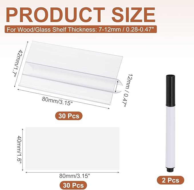 PATIKIL 3.1" x 1.7" Wire Shelf Label Holder, 30 Pack Reusable Plastic Price Tag Display Clip for 0.28" to 0.47" Thick Shelves with Paper Inserts Pens for Home Market Store, Clear