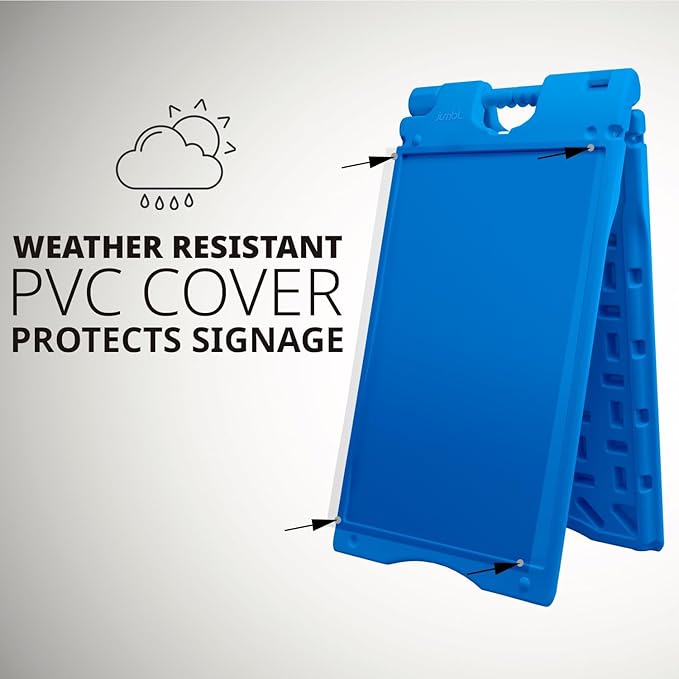 Jumbl A-Frame Signboard 15.7” x 26” Display Surface – Small Outdoor Sandwich Board w/Weather Resistant PVC Sign Protector & Sand Fill Holes – Dual Signage Stand for Storefront Sidewalk Curb (Blue)
