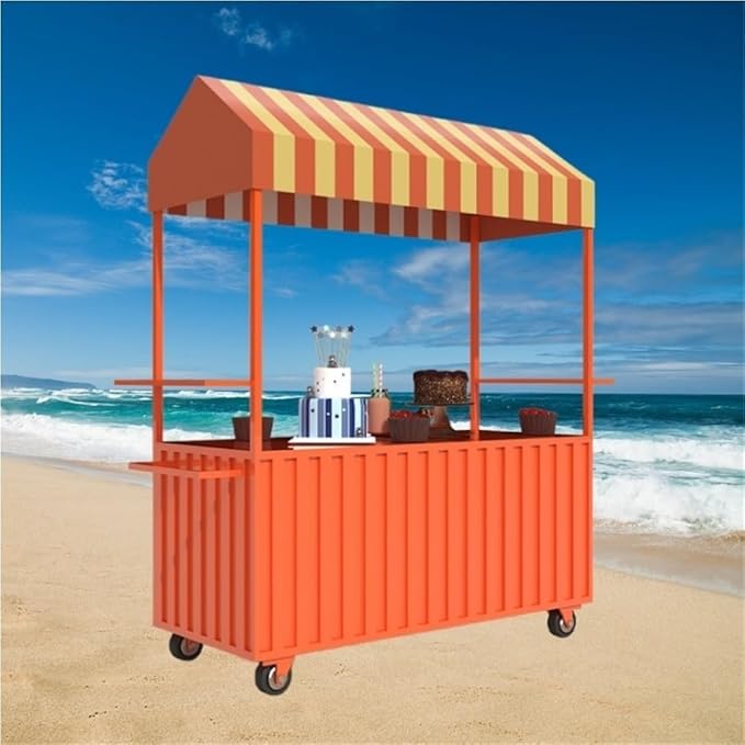 Outdoor Food Vendor Cart with Canopy, Portable Mobile Street Food Stand, Foldable Commercial Vending Trolley Kiosk for Markets and Events(Orange,47.2in)