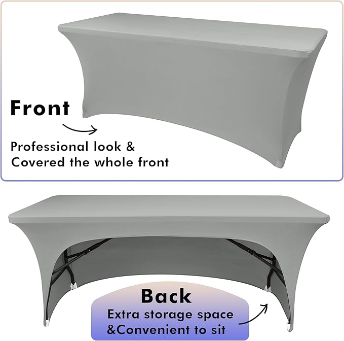 Nasitos 2 Pack Spandex 4 ft Table Cloth-Open Back Stretch Grey Fitted Tablecloth Rectangle Tables, Washable and Wrinkle Resistant Table Covers for Parties, Wedding, Banquet, Trade Show