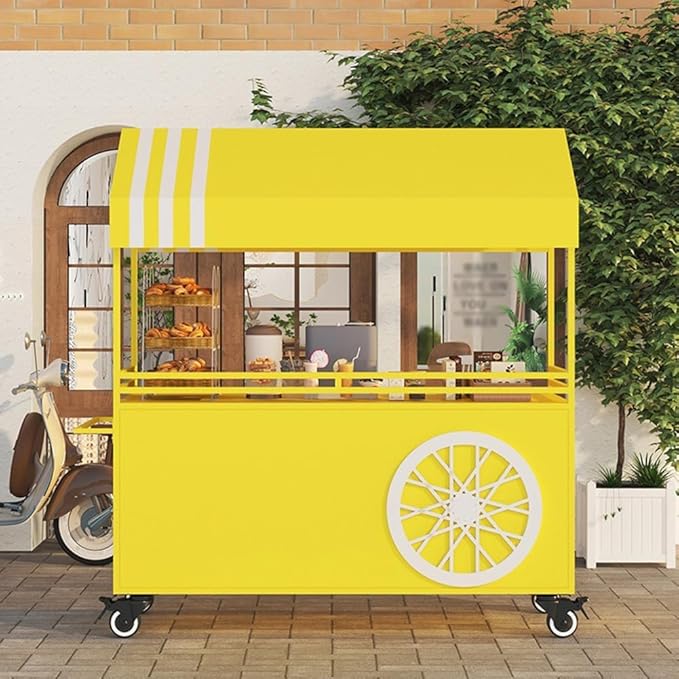 MATISUN Portable Vendor Cart with Canopy, Mobile Food Cart with Lockable Wheels for Market, Street Food & Events (Yellow)