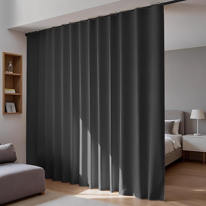Room Divider Blackout Curtains Flexible Sliding Tracks Sets Ceiling Mounted Rod Window Curtain Privacy Separation for Bedroom Living Rooms,1 Panel Black Drape and Black Track Set-W144xH72 in