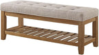 24KF Large Rectangular Upholstered Tufted Linen Fabric Ottoman Bench, Padded Bench with Solid Wood Shelf-Linen