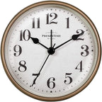 Presentime & Co 4" Vintage Tabletop Alarm Mantel Clock, Desk and Shelf Clock, Silent no Ticking, Rustic Grey Oak and Antique Gold Finish. Tabletop Décor, Home Décor, Farmhouse Décor.