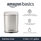 Amazon Basics Smudge Resistant Small Rectangular Trash Can With Soft-Close Foot Pedal, Brushed Stainless Steel, 12L/3.2 Gal, 11.3x9.9x15.1 in, Satin Nickel Finish