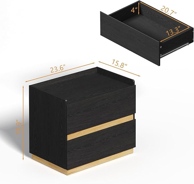 Large Modern Nightstand Black Bedside Table, 2 Drawer Dresser Wood Stackable Storage Drawers for Clothes for Closet, Bedroom, 24"x16"x20"