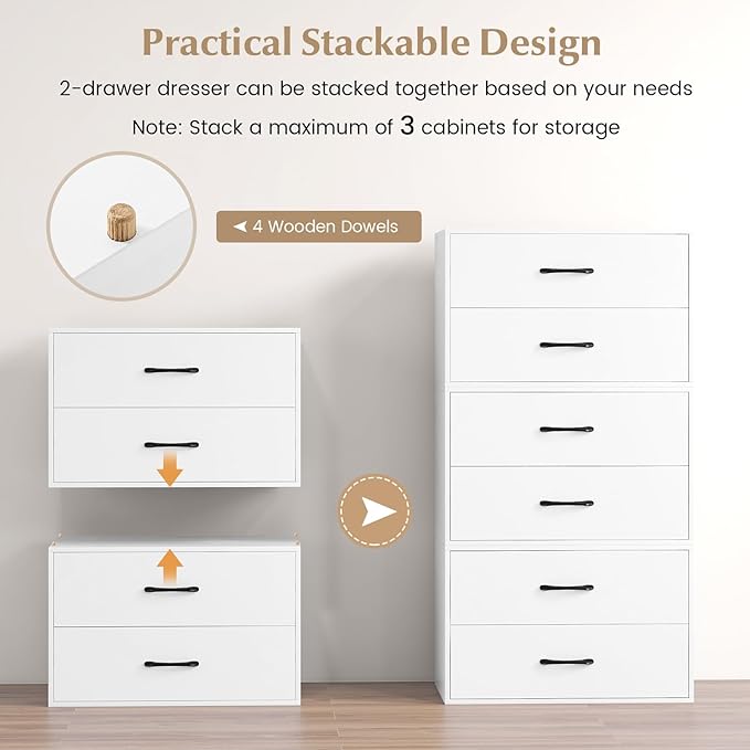 GOFLAME Stackable 2-Drawer Dresser Set of 2, Wood Horizontal Storage Organizer with Metal Handle & Smooth Sliders, Lateral File Cabinet with Anti-tilt Kit for Bedroom Office, White