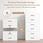 GOFLAME Stackable 2-Drawer Dresser Set of 2, Wood Horizontal Storage Organizer with Metal Handle & Smooth Sliders, Lateral File Cabinet with Anti-tilt Kit for Bedroom Office, White