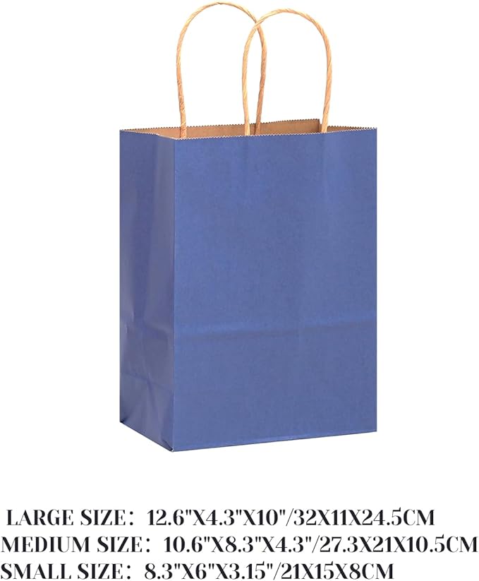 qiqee 100PCS Gift Bag with Handles Bulk Kraft Deep Blue Paper Bags Assorted Sizes(33pcs Large 13",33pcs Medium 11",34pcs Small 8")