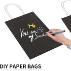 Toovip 100 Pack 5.25x3.25x8.25 Inch Small Black Kraft Paper Bags with Handles Bulk, Gift Wrap Bags for Favor Grocery Retail Party Birthday Shopping Business Goody Craft Merchandise Take Out Cub Sacks