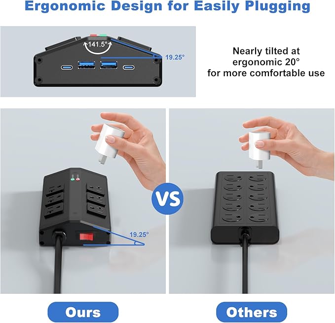 JUNNUJ Heavy Duty Surge Protector Power Strip with 6 Plug 4 USB Ports, 20 Amp 12 Gauge 6 FT Extension Cord with Multiple Outlets. Metal Wall Mount Outlet Extender for Garage Industrial Shop
