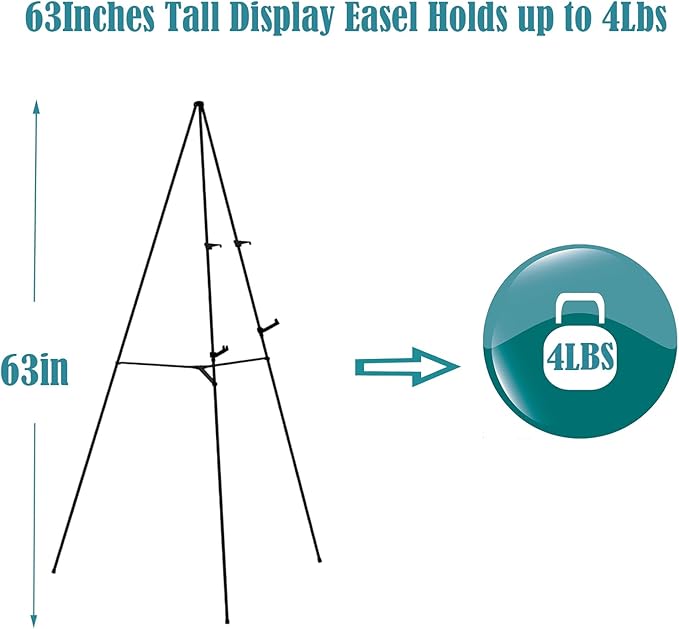 63" Tall Display Easel Stand for Wedding Sign Poster, Foldable and Adjustable Floor Metal Easels for Display Painting Arts,with Portable Bag,Holds 5 LBS (Black,6Pack)