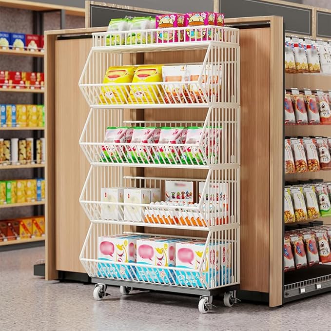5-Tier Slanted Rolling Retail Display Rack with Locking Wheels | Heavy-Duty Metal Snack & Chip Display Stand for Grocery Stores, Supermarkets, Bakery | Space-Saving Store Organization Shelf