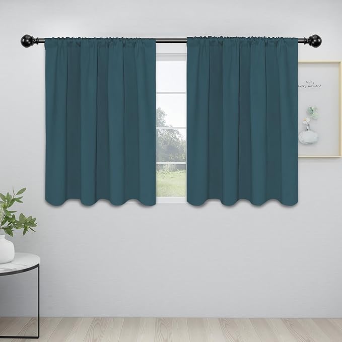 Easy-Going Rod Pocket Blackout Curtains for Bedroom, Room Darkening Window Curtains for Living Room, Thermal Insulated Noise Reduction Solid Window Drapes, 2 Panels(42x36 in, Bluestone)