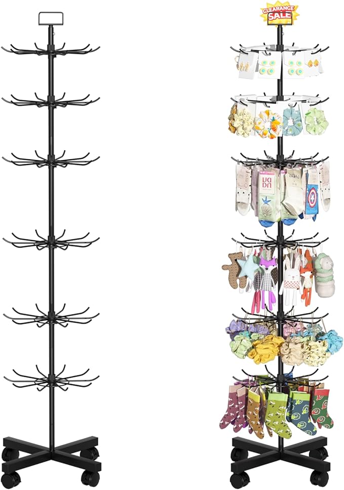 Retail Display Stand Store Display Rack 6 Tier Metal Spinning Display Stand Rack with Wheels Keychain Jewelry Stocking Hat Stand with Hooks for Malls, Showroom, Retail Store (6 Tier Black)