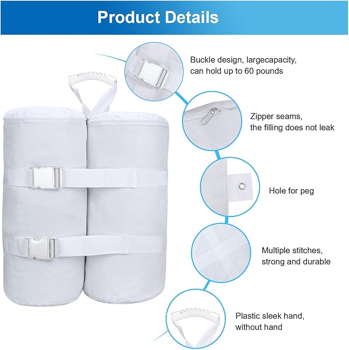 Extra Large 320 lbs White Sandbags Weight Bags for Pop up Canopy Tent, 1680D Heavy Duty Leg Weights Sand Bags Perfectly Matched with White Canopy/Gazebo/Patio Umbrellas, Set of 4