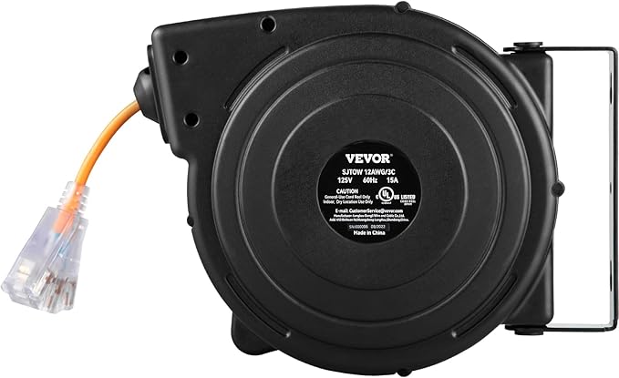 VEVOR Retractable Extension Cord Reel, 50 FT Heavy Duty 14AWG/3C SJTOW Power Cord with Lighted Triple Tap Outlet, 13 Amp Circuit Breaker, 180° Swivel Bracket for Ceiling or Wall Mount