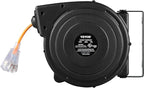 VEVOR Retractable Extension Cord Reel, 45 FT, Heavy Duty 12AWG/3C SJTOW Power Cord, with Lighted Triple Tap Outlet, 15 Amp Circuit Breaker, 180° Swivel Bracket for Ceiling or Wall Mount