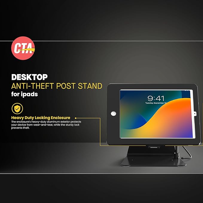 CTA Digital Desktop Anti-Theft Stand – Kiosk Stand with Stylus, Tether, and Aluminum Enclosure for iPad 11th Gen A16 11” - 10th Gen 10.9” - Air 4th & 5th Gen - 11” Pro & More - Black (PAD-DASB109)