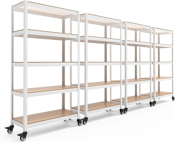 HOMEDANT House 5-Tier Metal Rolling Cart Shelf Rack Casters Heavy Duty Laminated Wheel Shelving Unit Adjustable Utility Storage Shelves Organizer Shelf Kitchen Garage (4, (M) 36.2" W, White)