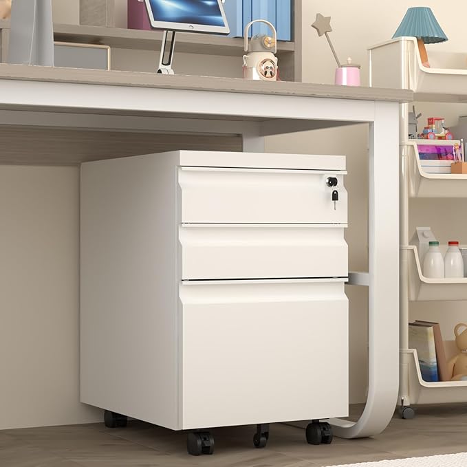 3 Drawer File Cabinet with Lock, Metal Mobile Filing Cabinet on Wheels, Under Desk Storage Cabinet for Home Office, Deep Drawers for Letter/Legal/A4 Files with Anti-Tip Design (White)