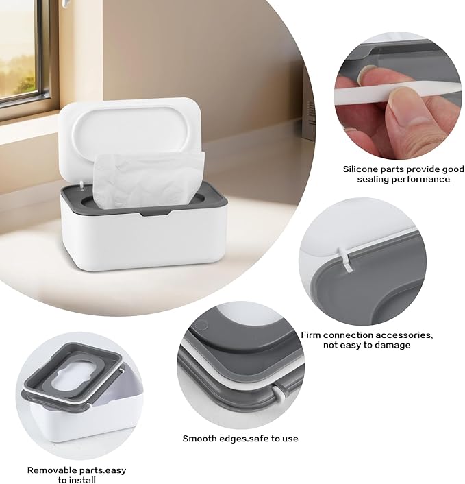 Baby Wipes Dispenser, Wipe Holder for Baby & Adult, Keeps Wet Tissue Fresh,Easy Pull Wipes Pouch Case (1, Gray)