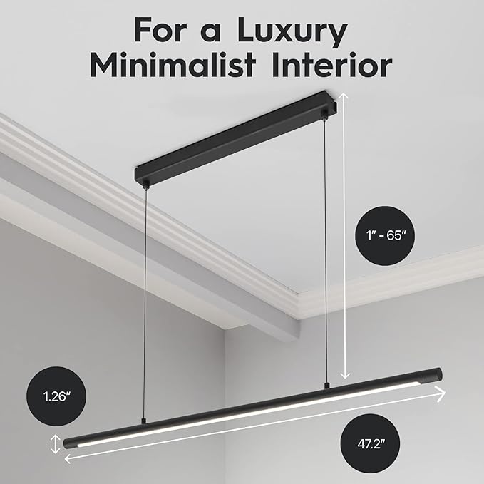 LED Linear Pendant Light, Office Light, Flicker-Free, Dimmable, Modern Ceiling Lighting for Bedroom Dining Room Table, 20W 4000K Warm Light 47.2" Black
