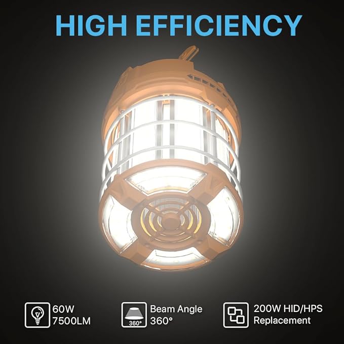 HYPERLITE LED Temporary Work Light 60W 7500LM 200W HID/HPS 5000K, Portable Hanging Construction Light with Stainless Steel Safety Guard and Sturdy Hook for Job Site, Workshop(with an ON/Off Switch)