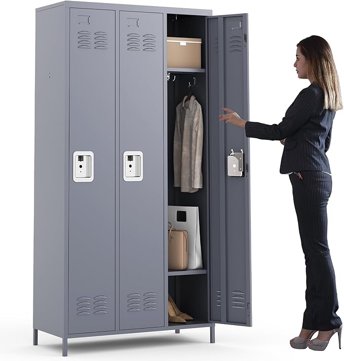 3 Doors Locker Storage Cabinet, Metal Locker for Employees, 72" Tall Lockers for Office School Gym Home, Require Assembly (Grey)
