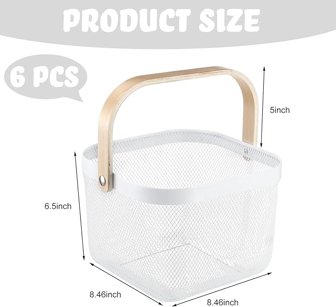 Roshtia 6 Pcs Metal Mesh Steel Basket with Handle, Square Wire Harvest Thanksgiving, Shopping Baskets for Retail Store Christmas Garden Bathroom Kitchen(8.46 x 8.46 x 6.5 Inch,White)