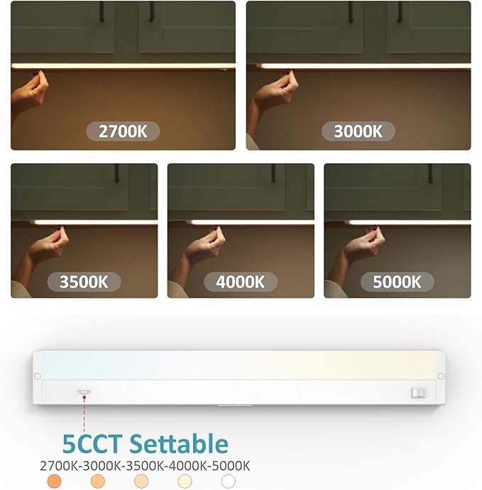 LED Under Cabinet Lighting Hardwired or Plug in, 24 Inch 12W, Dimmable 5 Color 2700K/3000K/3500K/4000K/5000K, Linkable Eyes Care Design Counter Lights for Kitchen, Sink, ETL Listed, White
