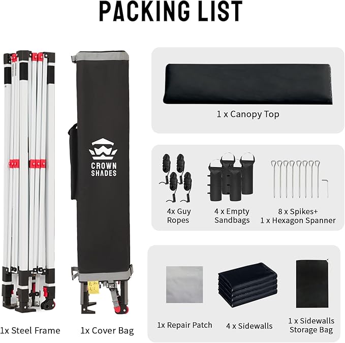 CROWN SHADES 10X10 Comercial Instant Canopy Pop Up Tent with Center Lock, 300D Fabric, 4 Sidewalls, Sto'N Go Bag, Black
