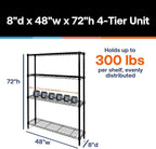 Shelving Inc. 8" d x 48" w x 72" h Black Wire Shelving with 4 Tier Shelves, Weight Capacity 300lbs Per Shelf