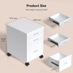 3 Drawer Mobile File Cabinet on Wheels,White fully assembled Rolling Storage Organizer for Letter/A4 Files, Ideal for Office, Home, Classroom Organization,Printer Stand,19" L x 16" W x 22" H