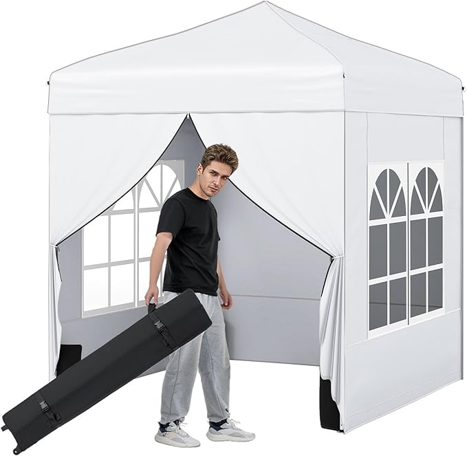 Tangkula 6.5x6.5 FT Pop Up Canopy, UPF50+ Outdoor Canopy Tent with 2 Removable Sidewalls, 2 Zippered Doors, Heavy-Duty Carbon Steel Frame, Wheeled Bag, 4 Sandbags, 8 Stakes, 4 Wind Ropes (White)