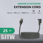 25 Ft Heavy Duty Indoor Outdoor Extension Cord - 16/3 SJTW Waterproof Power Cable with 3 Prong Grounded Plug, Grey - Durable, Weather Resistant, for Home, Garden, and Worksite Use