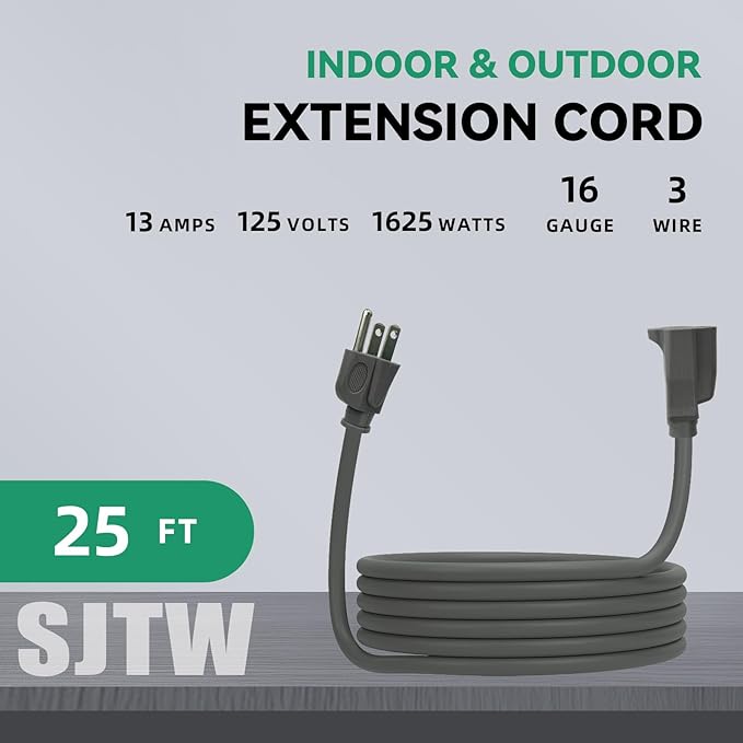 25 Ft Heavy Duty Indoor Outdoor Extension Cord - 16/3 SJTW Waterproof Power Cable with 3 Prong Grounded Plug, Grey - Durable, Weather Resistant, for Home, Garden, and Worksite Use