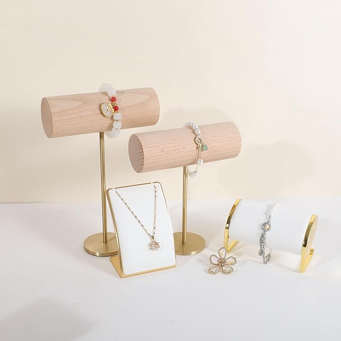 GemeShou White bracelet holder stand for selling, wood bracelet organizers and storage, retail bracelet hanger display for boutique Home Decor【Beech Brass Bracelet Holder-Low】