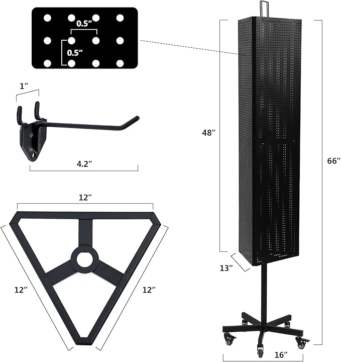 Triangular Metal Pegboard Panels Display with Base and Pole, Black Pegboard Display Stand with Wheels, Jewelry Display Rack, Art Display Stand, Extra 20 pieces Hooks