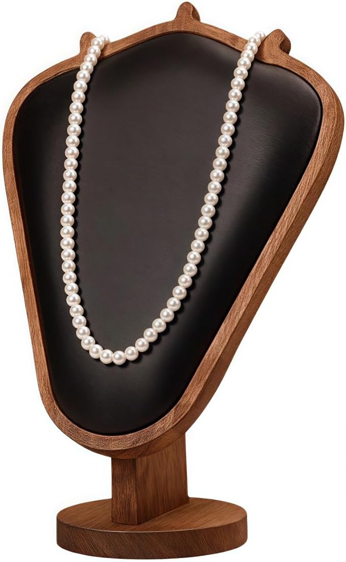 Walnut Color Body Wood Necklace Display Stand with Black Leather Soft Mat Necklace Holder Organizer Desktop Stand for Home Store Dresser-4.45"x8.4"x12"