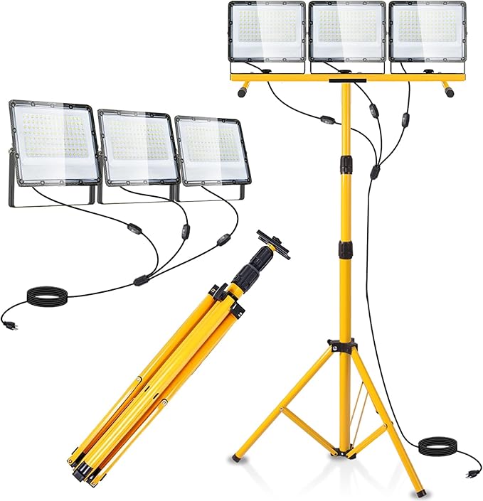 45000 Lumen LED Work Lights with Stand - 3 Head Portable Work Light with Tripod - IP65 Waterproof Tripod Work Lights for Outdoor Indoor Job Site Workshop Garage Construction Site Lighting