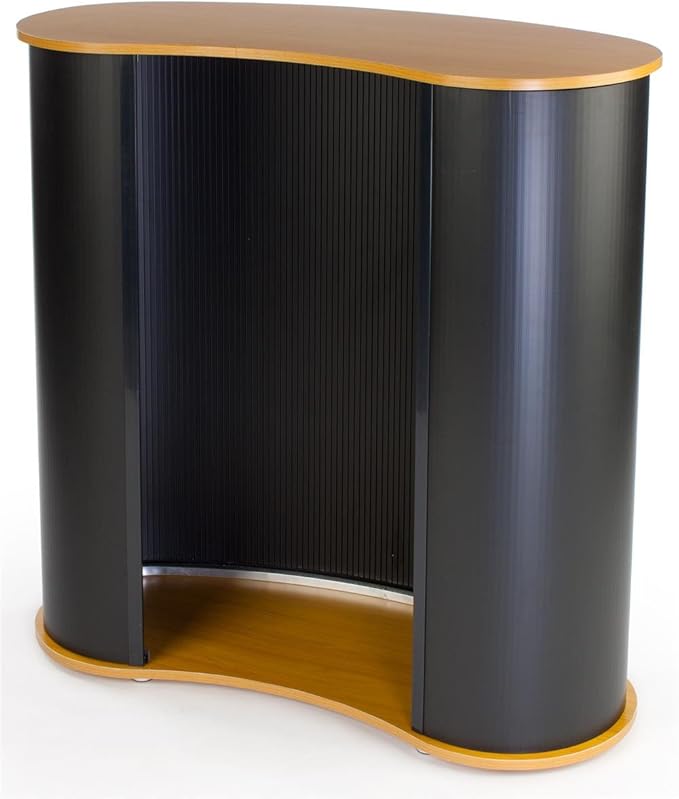 Pop-up Podium Counter with Kidney Bean Shaped Wood Grain Table Surface and Black Body - Portable Design, No Tools Required! (TSPCL02WD)