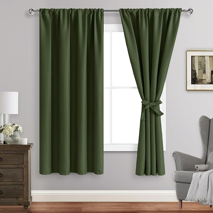 JIUZHEN Blackout Curtains for Bedroom - Thermal Insulated,Noise Reducing Room Darkening Privacy Rod Pocket Drapes for Living Room, Set of 2 Panels with Tiebacks, 42 x 63 inches Long, Olive Green