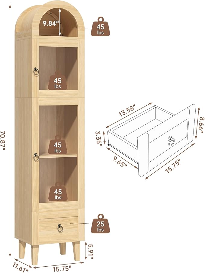 71” Tall Arched Pantry Cabinet with Glass Door, Display Cabinet Organizer with Drawer, Versatile Pantry with Top-Opening Storage Container for Living, Kitchen Dining Room, Natural