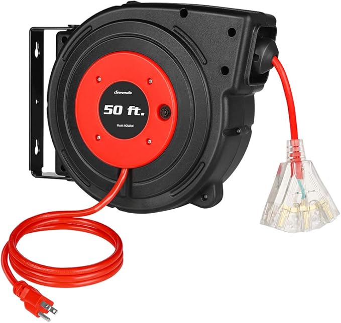 DEWENWILS Retractable Extension Cord Reel, 50FT Power Cord Reel with 14AWG/3C SJTOW, 13A Circuit Breaker, Wall/Ceiling Mounted, 3-Lighted Triple Outlets for Garage, Workshop, UL Listed, Red