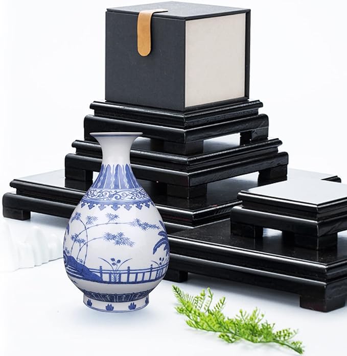 MDEOOSKY Wooden Display Stand Square Wood Display Base Display Risers Square Vase Riser Teapot Aquarium Lamp Base Home Decoration 6.7" W x 6.7" D x 1.7" H (Black)